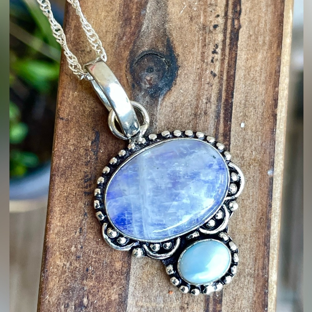 😵 Tiny .5” Rainbow Moonstone Blue Larimar silver necklace pendant 925 dainty